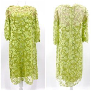 Vintage 60s Neal McClintock Chartreuse Green Lace Midi Shift Dress Womens Size M